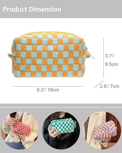Checkered Makeup Bag for Purse, Small Travel Cosmetic Pouch,Orange Green - color: Orange Green