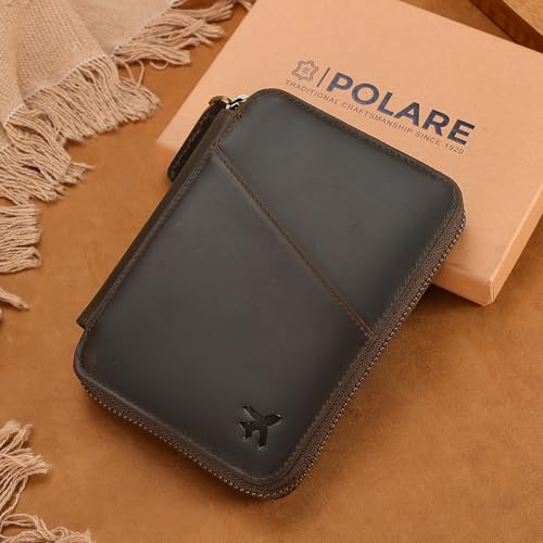 Polare Leather Pilot Wallet Passport Holder RFID Blocking Tri-fold Travel Cover Document Organizer for Aviation Professionals (Dark Brown(YKK Zipper Version)) - color: Dark Brown(YKK Zipper Version)