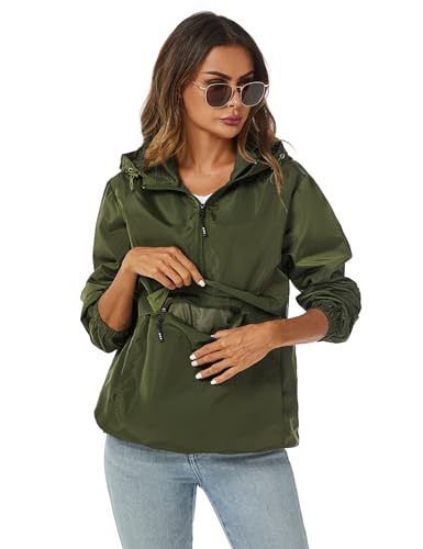 Avoogue Womens Rain Jacket with Hood,Pullover,Packable,Lightweight,Windbreaker,Waterproof,Breathable. - color: Army Green, size: XX-Large