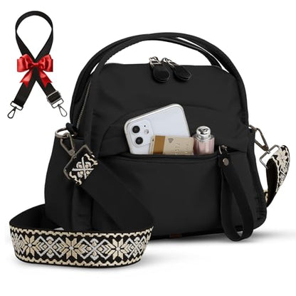 Nylon Top Handle Crossbody Bags for Women with 2 Adjustable Straps - color: Black