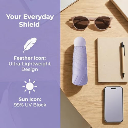 Ultra-Light 5-Fold Capsule Umbrella with Hard Case Mini 6-Bone Compact Travel Parasol Black Coating Sun Shade & Rain Shelter Portable Windproof Umbrella for Women Commuting Beach - color: Light Purple