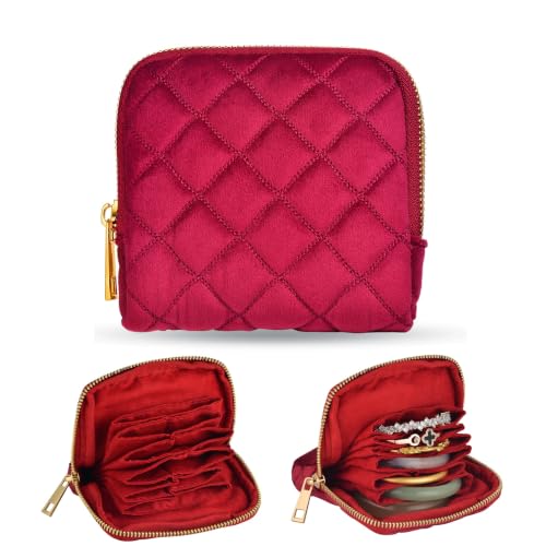 Jewelry Organizer Case, Small Travel Velvet Pouch, Portable - color: Wine Red Quilted