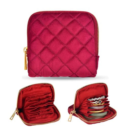 Jewelry Organizer Case, Small Travel Velvet Pouch, Portable - color: Wine Red Quilted
