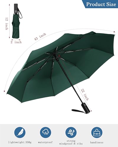 Compact Travel Umbrella, Windproof Auto Open & Close, Lightweight Design | Compact Travel Umbrella, Windproof Auto Open & Close, Lightweight Design - color: Greener