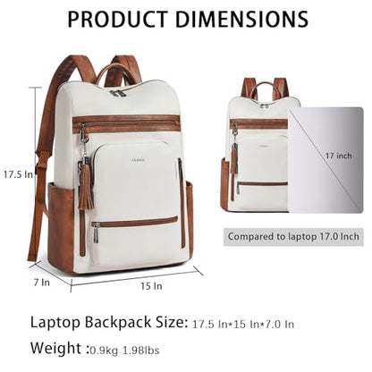 Shrrie Upgraded 17 inch Leather Laptop Backpack for Women - color: Beige With Brown