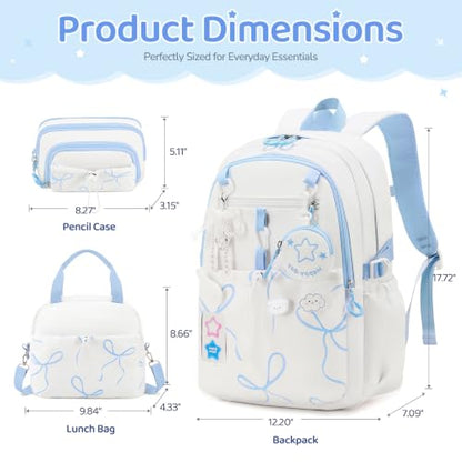 DIGOBAY Backpack for Girls, 5PCS School Bookbag with Lunch Box Pencil Case - color: White Blue Bow