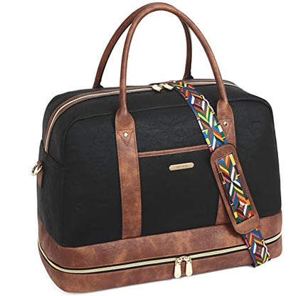 BOSTANTEN Weekender Bags for Women Travel Leather Overnight Bags - color: 0-Black with Brown