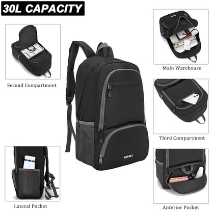 30L Hiking Backpack Lightweight Day Packs, Packable Backpack for Women Men - color: E-black