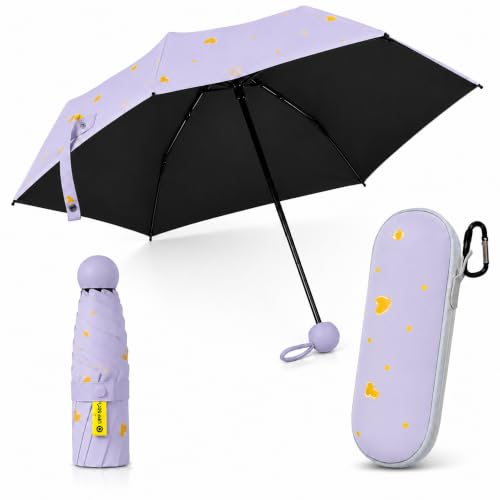 Mini Travel Umbrella, UPF 50+ Purse Umbrella with Case and Carabiner - color: Purple