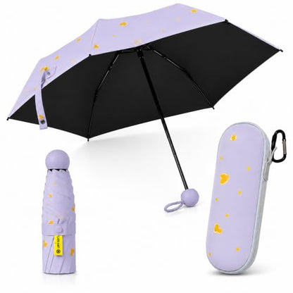 Mini Travel Umbrella, UPF 50+ Purse Umbrella with Case and Carabiner - color: Purple