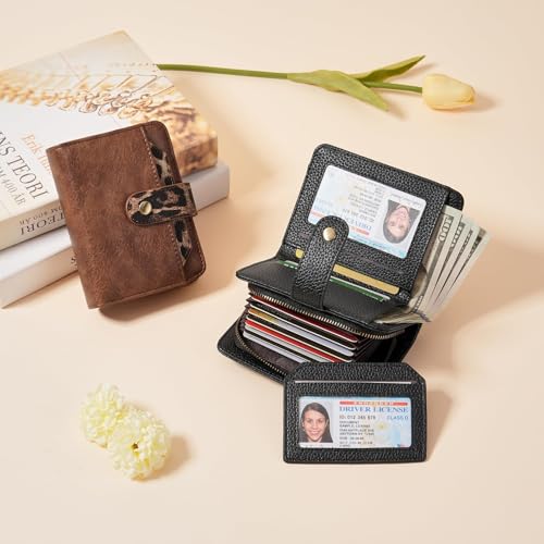 GAEKEAO Small Leather Credit Card Holder Wallets for Women RFID Blocking Bifold Wallet Zipper Pocket with Removable ID Window - color: Y-Black-Small