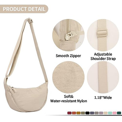 Nylon Crescent Crossbody Bag for Women Purses Trendy Men,Small Travel Sling Bag Hobo - color: Beige, size: Small