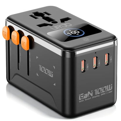 GaN 100W Universal Travel Adapter with Smart Display & 4 USB C/A Ports - color: GaN100W with Smart Display-Black