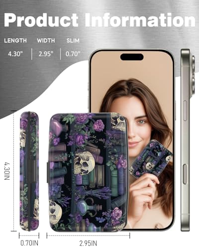 Maicican Credit Card Holder, Mini RFID Blocking Aluminum Wallet - color: Purple Flowers and Skulls