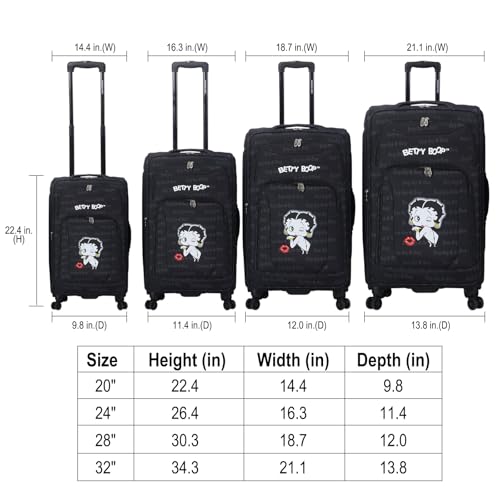 Karriage-Mate Betty Boop 4-Piece Softside Luggage Set - 20/24/28/32 Inch Expandable Spinner Suitcases with Rolling Wheels (1B) - color: 1B