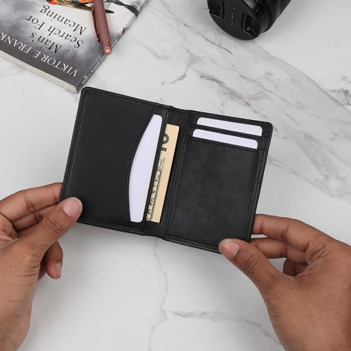FOXHACKLE Full Grain Leather Credit Card Holder for Men and Women, Slim Bifold RFID Blocking Wallet, Thin Front Pocket Minimalist Wallet, Small Card Case. - color: Matte Black