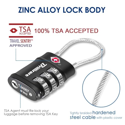 4 Pack TSA Approved Luggage Locks, Combination Travel Cable Lock, 3-Digit Waterproof Padlock, Zinc Alloy Outdoor Keyless Resettable Lock for Travel, Lockers, Bags, Backpack, Gym, Gate-by BRILLIRARE - color: 4 Pack