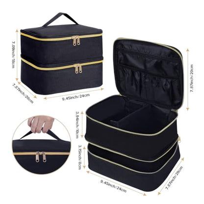 Double Layer Makeup Bag with Adjustable Dividers, Black - color: Black