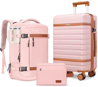 20" Carry On Luggage Set 3 Piece With Travel Backpack, YKK Zippers - color: Pink, size: 3 Piece Set (20inch)