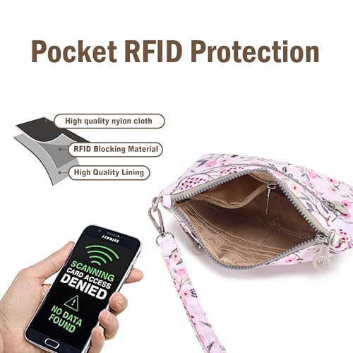Small Wristlet Wallets for Women Nylon RFID Cross body bag - color: Pink With Cherry