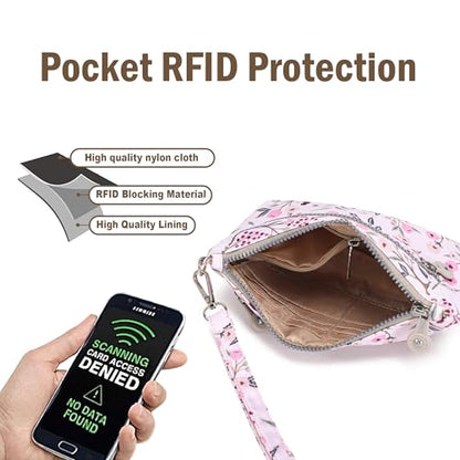 Small Wristlet Wallets for Women Nylon RFID Cross body bag - color: Pink With Cherry