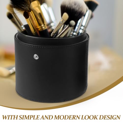 Ipetboom Portable Makeup Brush Holder with Lid: 20.1X13.2X13.2cm/7.9X5.2X5.2in PU Leather Case Cosmetic Storage Bucket for Women Black