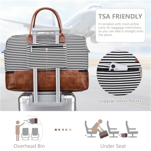 Large Women Travel Weekender Bag: Carry on Duffle with Shoe Compartment - color: 01 Black Striped