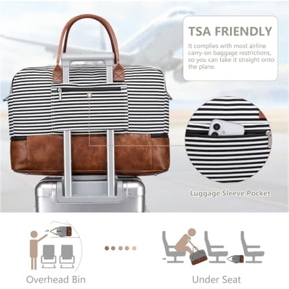Large Women Travel Weekender Bag: Carry on Duffle with Shoe Compartment - color: 01 Black Striped