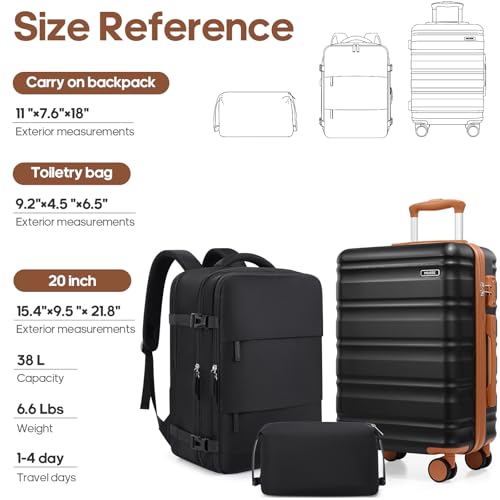 Carry On Luggage 22x14x9 Airline Approved, 3 Piece Set with Backpack - color: Black, size: 3 piece set (20inch)