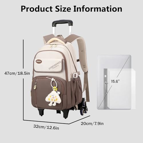 Rolling Backpack with 6 Wheels for Girls Boys, Kids Roller Book Bag for Elementary Middle School Wheeled Bag for Travel with Cute Pendant - color: 6 Wheels-275#grey