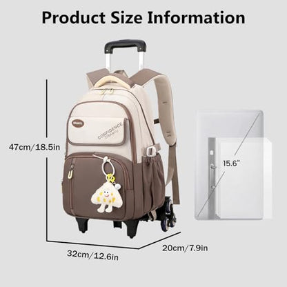 Rolling Backpack with 6 Wheels for Girls Boys, Kids Roller Book Bag for Elementary Middle School Wheeled Bag for Travel with Cute Pendant - color: 6 Wheels-275#grey