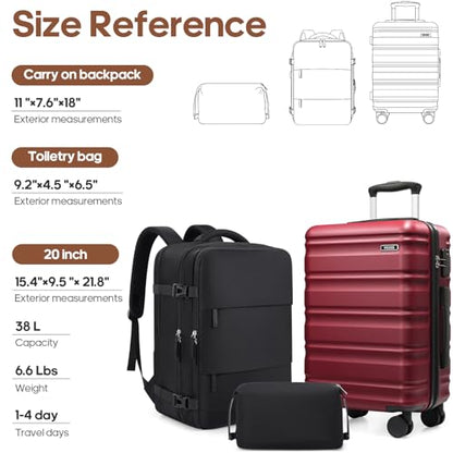 Carry On Luggage 22x14x9 Airline Approved, 3 Piece Set with Backpack - color: Red, size: 3 piece set (20inch)