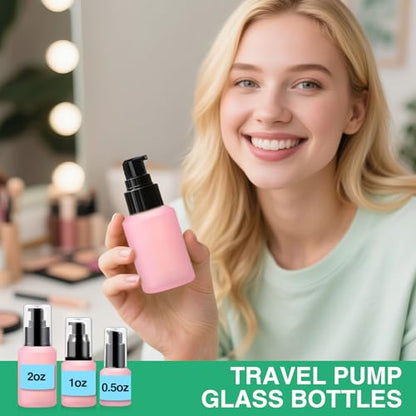 3PCS 60ML/2OZ Empty Pink Frosted Glass Bottles with Pump - color: Pink, size: 2 OZ