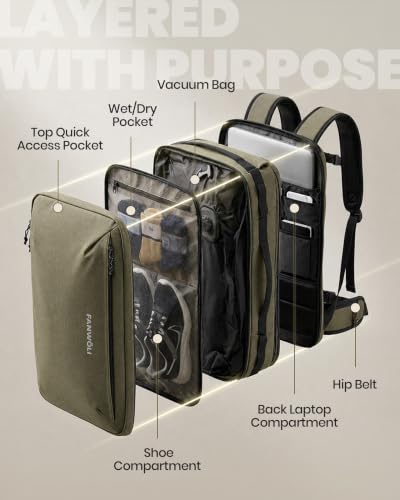 Fanwoli Vacuum Travel Backpack with Built-In Pump, Work-to-Gym | Wet/Dry Pocket | Shoe Compartment | 17" Laptop Storage | Office-Friendly 30L Carry-On - color: Green