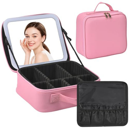Travel Makeup Bag with Mirror & 6 Adjustable EVA Dividers, Hot Pink - color: Hot Pink-6 Dividers