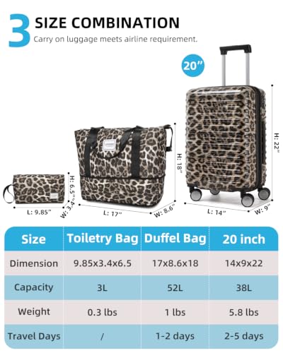 LARVENDER Expandable Carry on Luggage 20inch Suitcase with Wheels, Cheetah - color: Cheetah, size: 3 Piece Set (20/DB/TB)