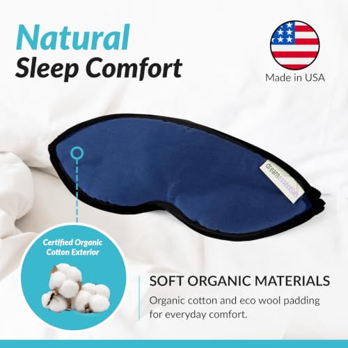 Dream Essentials Natura Organic Cotton Sleep Mask | Twilight Blue | Eye Mask for Sleeping, Light Blocking Soft Sleep Eye Cover with Eco Wool Padding | Made in USA Travel Accessories | Soft organic cotton sleep mask with Eco Wool padding for light blocking