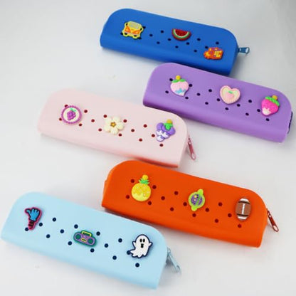 1 Pack Silicone Makeup Brush Holder Soft Portable Cosmetic Brush Bag Pen Case with DIY Holes and 3 Charms(Random) for Travel Home (Pale Blue) - color: Pale Blue