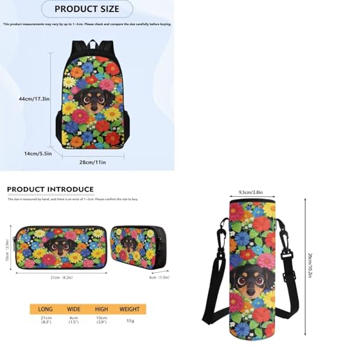 Kids 4 pcs Dachshund Flowers Backpack Set School Supplies School Bags Book Bag with Insulated Lunch Bag Kit Pen Bags Water Bottle Sleeve Set for Kids Girls - color: Dachshund Flowers