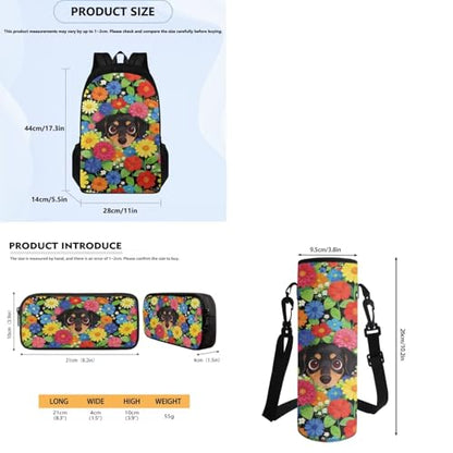 Kids 4 pcs Dachshund Flowers Backpack Set School Supplies School Bags Book Bag with Insulated Lunch Bag Kit Pen Bags Water Bottle Sleeve Set for Kids Girls - color: Dachshund Flowers