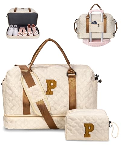 Weekender Bags for Women With Shoe Compartment-Duffel Bags for Her - color: Beige, style: P