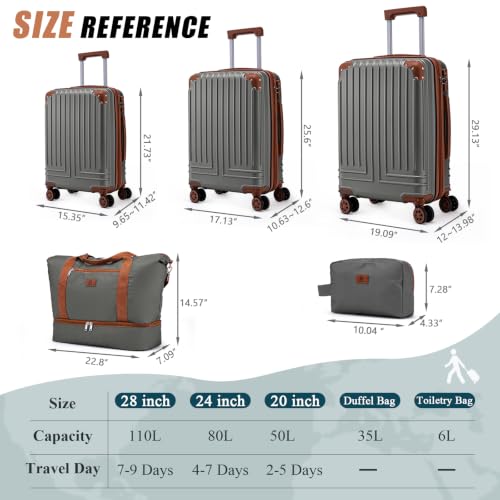KUNEL Luggage Sets 5 Piece, Hardshell Expandable Suitcase, 20/24/28inch - color: Grey