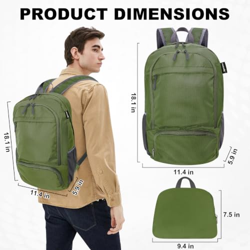 HOLYLUCK 20L lightweight packable Hiking Daypack Foldable Backpack for Men Women Small Travel Outdoor Foldable Shoulder Bag - color: Army Green