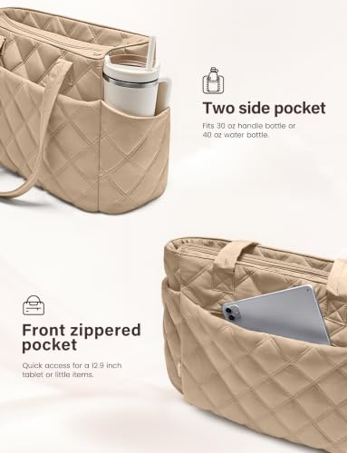 Uselike Tote Bag for Women, Lightweight Puffer Tote Work Bags with Compartments for Travel, Quilted Shoulder Bag with Zipper - color: Light Khaki