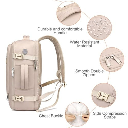 EZUOLA Travel Backpack for Women, Carry On Backpack Flight Approved - color: Light-beige, size: Large-25L