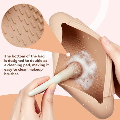 3 in 1 Silicone Makeup Brush Holder Portable Travel Brush Case Organizer - color: Walnut