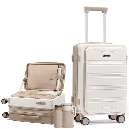 LOVEVOOK Carry On Luggage 20 Inch, Airline Approved Expandable Hard Shell Suitcase with Spinner Wheels, TSA Lock & Cup Holder, Fits Most Overhead Bins - color: White/Khaki