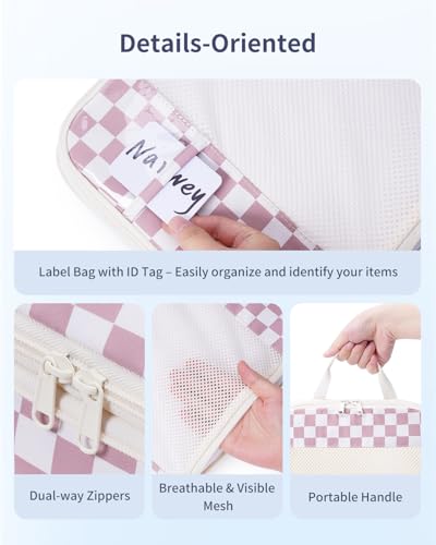 Narwey Compression Packing Cubes for Travel, Cute Luggage Organizer Bags - color: ZZ-Dusty Pink Checkerboard