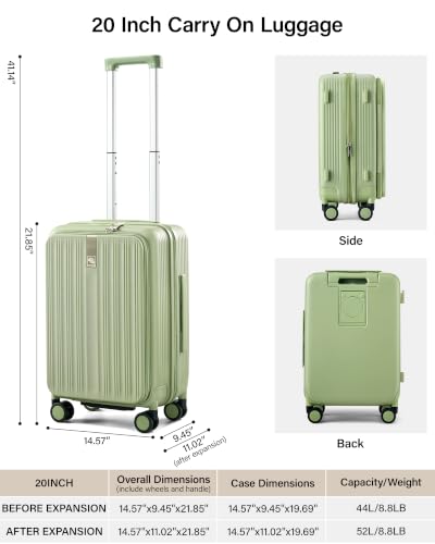 Hanke Top Opening 20" Carry On Luggage Expandable Hard Shell Bamboo Green | Fits Most Overhead Bins, 15.6" Laptop Compartment, Lightweight, 360° Spinner Wheels, TSA Lock, Cup Holder & Hook, USB Port - color: Bamboo Green, size: 20 Inch EXT