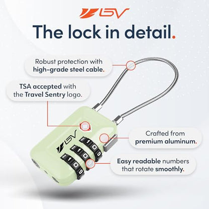 BV Luggage Locks TSA Accepted, Travel Sentry Approved 3-Digit Combination Suitcase Locks with Open Alert & Flexible Cable for Travel, Backpacks, Lockers, Cases, Mint Green, 4 Pack - color: Mint Green 4-Pack